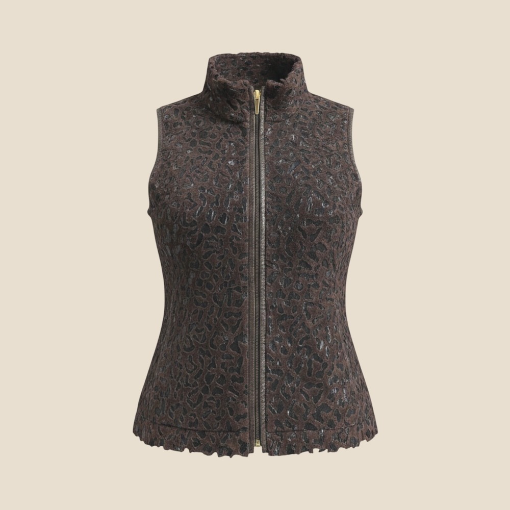 Sport Haley Faux Fur Vest M Brown Glam Leopard Textured Zip Up Outerwear Layer
